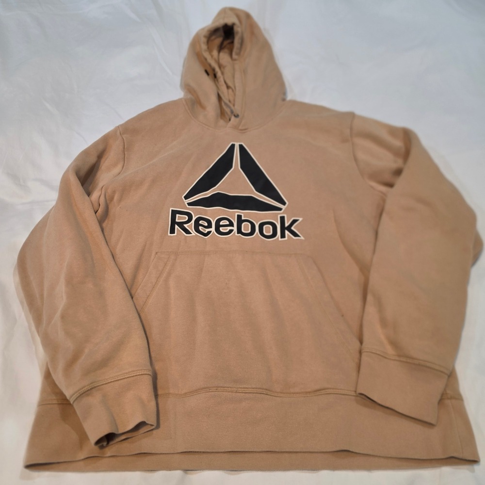 Reebok Hoodie Men Large Tan Good Graphic Logo Fleece Pullover REM23FH04